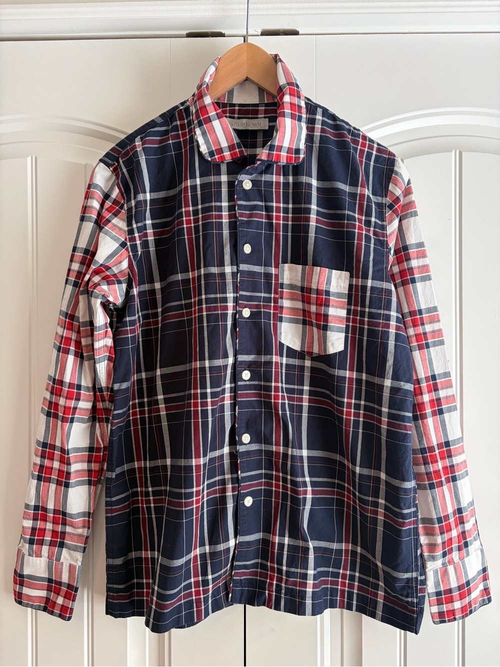Outerknown Blue & Red Plaid Button Down Long Sleeve Men;s Shirt Size XS / S EUC